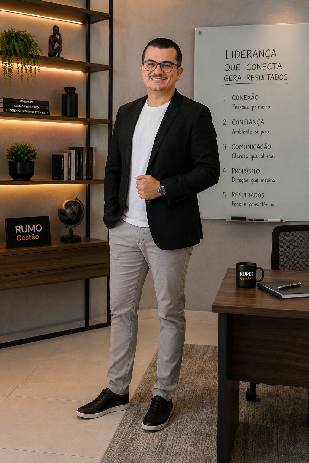 Breno Augusto Silva ao lado de um quadro sobre liderança